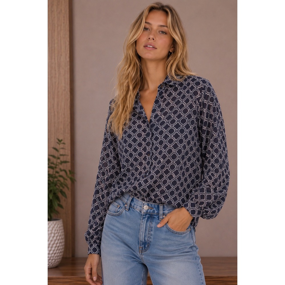 Lands End Navy Blue Geometric Link Print Button Front Tunic Top Womens 18